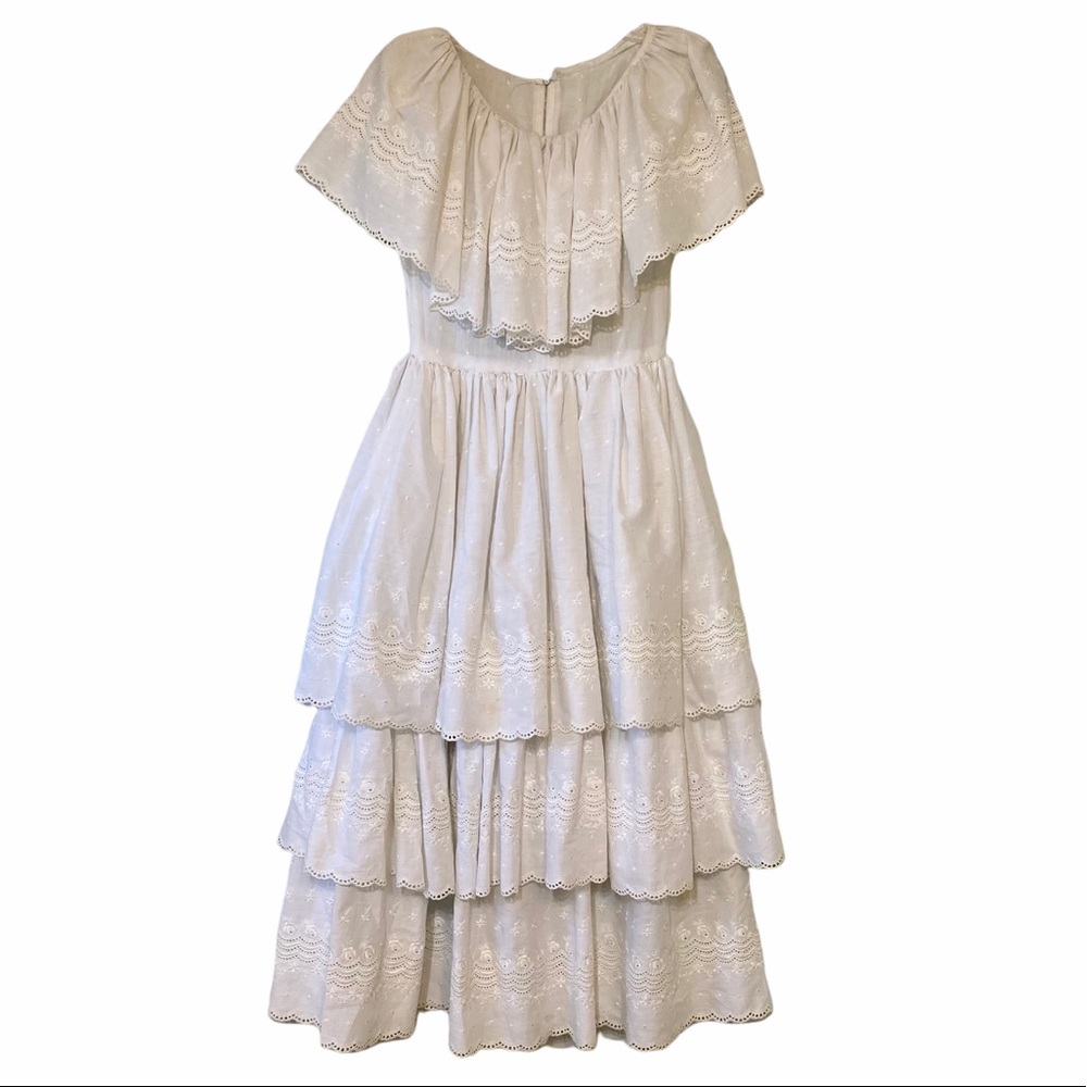 Vintage Handmade Ruffle Tiered Dress White Sz Small